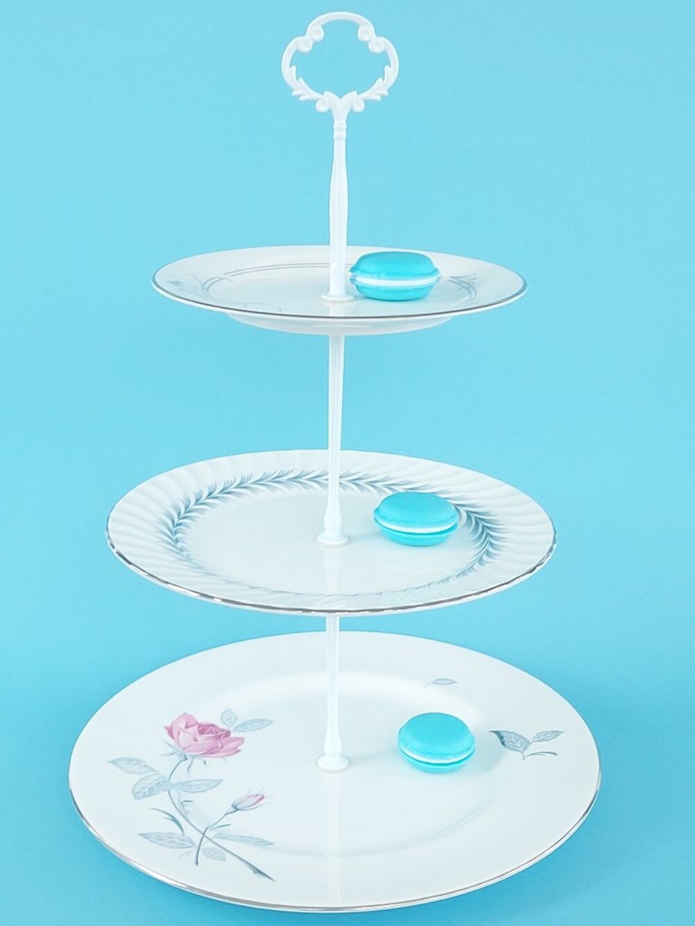 Vintage Bone China Pink Rose 3 Tier Cake Stand English HIgh Tea Dessert Tower